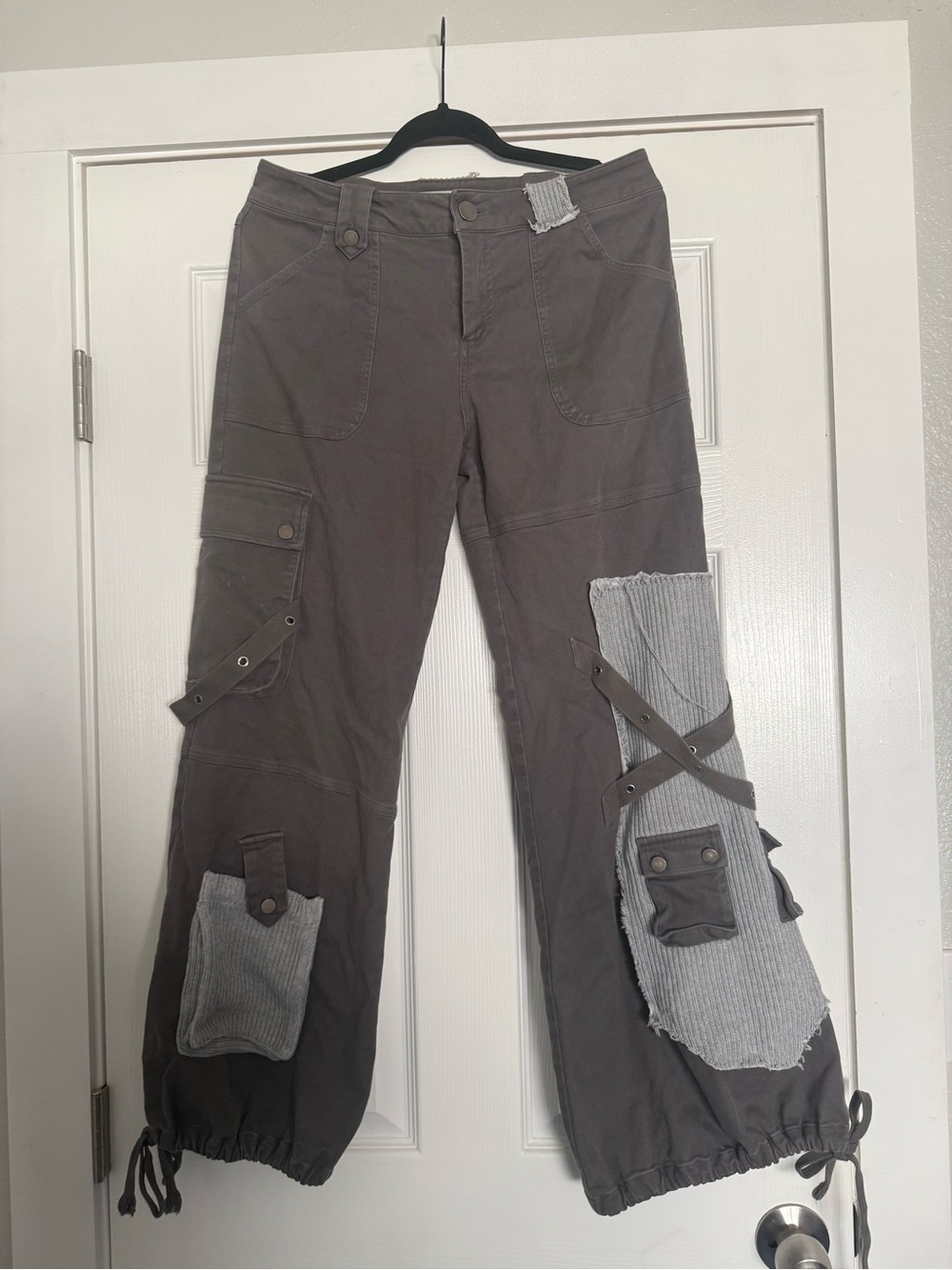 Wide Leg Patchwork Utility Jeans in Gray